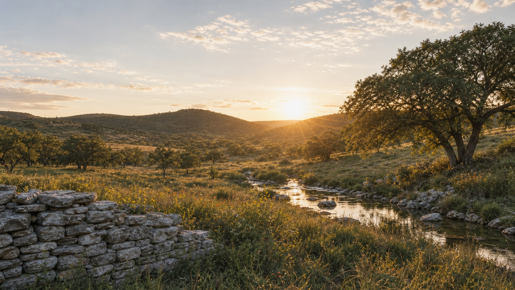 A spring-fed creek winding through limestone, native grasses, and live oaks in the Texas Hill Country at golden hour