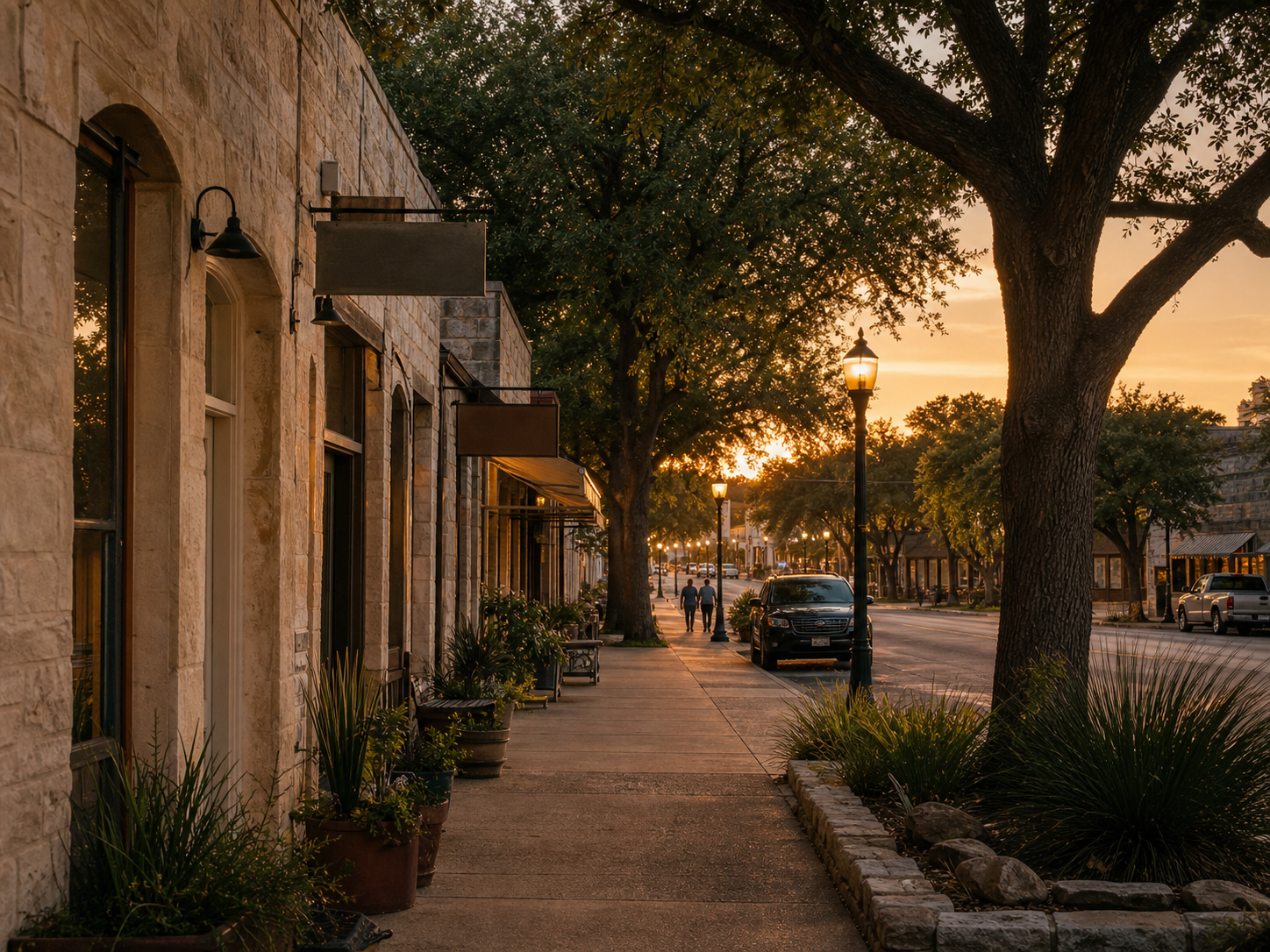 A walkable Hill Country main street lined with limestone storefronts and mature live oaks at golden hour