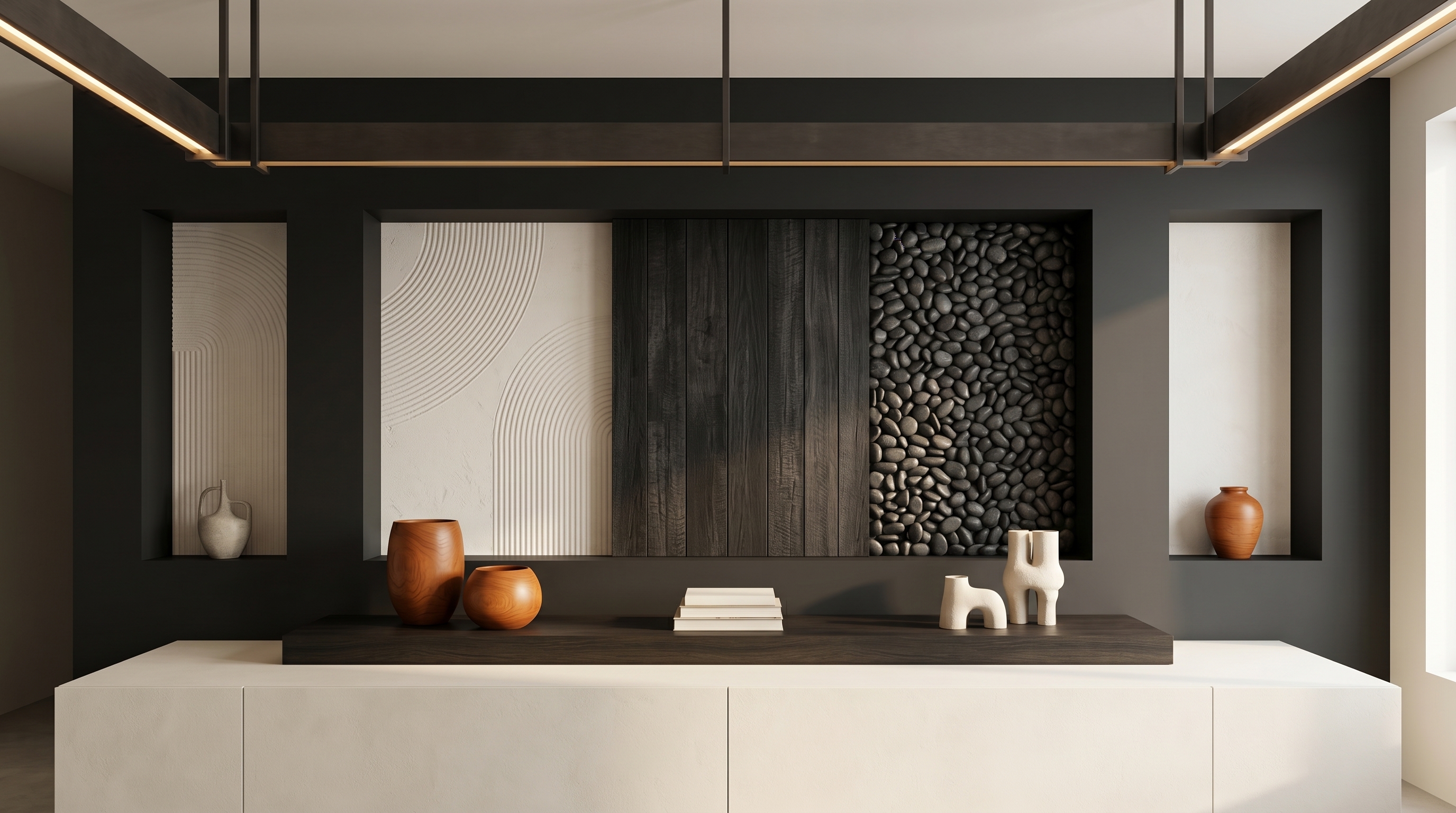 An editorial wide-angle scene of the Hill Country in warm directional light — a quiet location with neutral props that evoke the rolling terrain, cream and ink tones, and a restrained editorial palette.